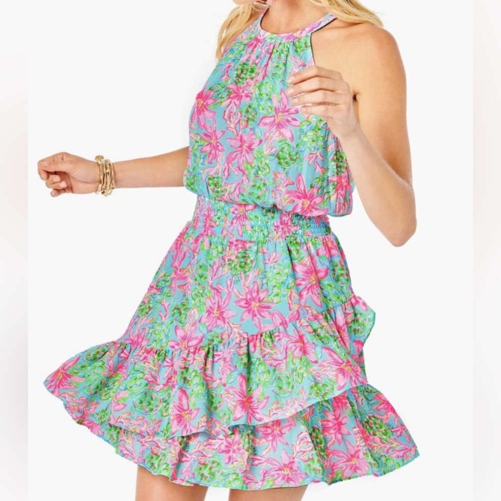 Lilly Pulitzer Pink & Aqua Floral Tiered Halter Dress